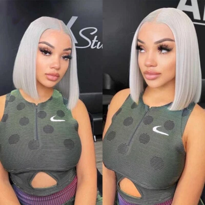 Mujeres Corto Bob Corte Encaje Frontal Peluca Gris Plateado Pelucas Sintéticas Disfraz Halloween Foto 1 de 4