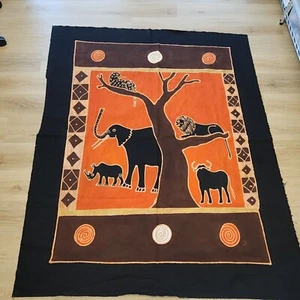 African Animal Tree of Life Safari Themed Hand Made Batik Cotton Fabric Panel - Picture 1 of 10