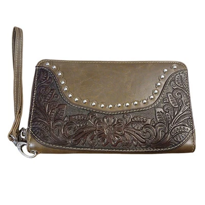 Montana West Cartera Muñequera Marrón Imitación Cuero Tachonado 7.5"x5" Usada en Excelente Condición Foto 1 de 4