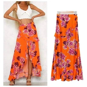 Goodnight Macaroon Women’s Sz S Orange Floral Maxi Skirt iRuffle Tropical - Picture 1 of 11