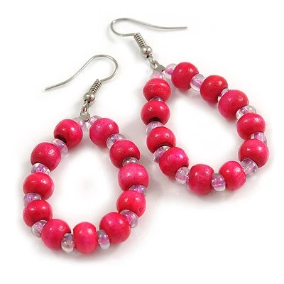 Oval Glass and Wood Bead Drop Earrings In Silver Tone/ Deep Pink - 55mm Long - Image 1 of 4