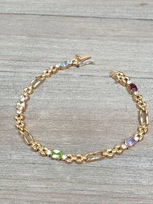 Multi Gemstone Amethyst Peridot Garnet Topaz Gold Tone Tennis Bracelet 7.25" - Image 1 of 4