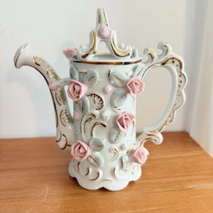 Vintage Fine Bone China Watering Can Vase w/Raised Pink Roses & Gold Trim 6.25" - Picture 1 of 8