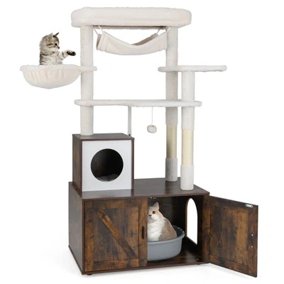 COSTWAY Enclosure 153CM Tall Cat Tower Cat Tree with Litter Box Brown
