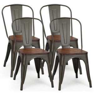 Set of 4 Tolix Style Metal Dining Chair Wood Seat Stackable Bistro Cafe Backrest - Picture 1 of 7
