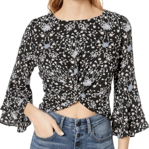 LIKELY -625 Top donna nuovo con etichette Lolita annodato nero floreale con volant manica 3/4 M - Foto 1 di 11