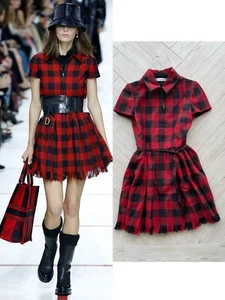 Christian Dior Runway Red Plaid Wool Belted Dress FR34 - Picture 1 of 6