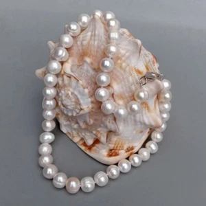 17" Real Cultured White Potato Shape Pearl 10-11mm Necklace 925 Silver Clasp - Picture 1 of 6