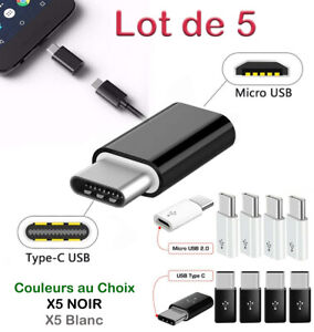 Adaptateur Micro USB Femelle Vers Type C Male Lot de 5 Noir ou Blanc Pour Xiaomi