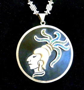 LARGE INLAID STERLING AZTEC PENDANT AND CHAIN, TAXCO - Picture 1 of 7