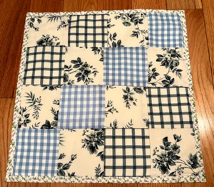 Quilted blue and white table topper, about 14 x 14, new with liner on the back - Picture 1 of 7