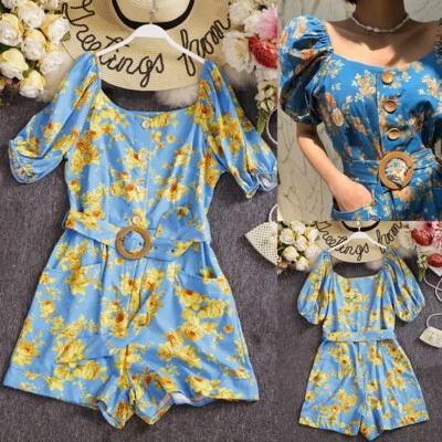 Damen Boho Kurzer Overall Blumenmuster Puffärmel Spielanzug Strampler Urlaub - Bild 1 von 4