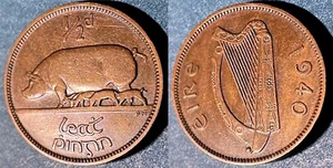 Ireland 1940 ½ Phingin Pigs & harp KM-10 Bronze aXF #15 - US Seller - Picture 1 of 2