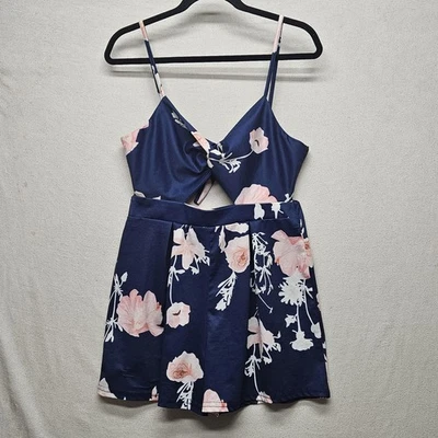 Floral Romper Womens Large Blue Pink Sleeveless Bow Cutout Shorts Summer Dressy - Image 1 of 4