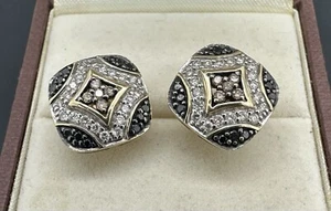 14k Yellow Gold Round Black Champagne & White Diamond 0.75ct Fine Stud Earrings - Picture 1 of 13