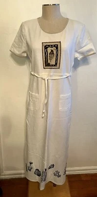 Vintage Maxi Dress 6 Nina Piccalino 90s 100% Cotton Shoulder Pad Beach Shells - Image 1 of 4