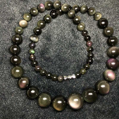 6-14mm Rainbow Eye Black Obsidian Round Gemstone Beads Tower Necklace 16-36 inch - Image 1 of 4