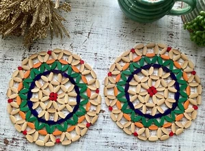 2 Vintage Boho Bamboo Wood Bead Trivet Hot Pad Green Red Orange Blue 7 3/4-8” - Picture 1 of 8