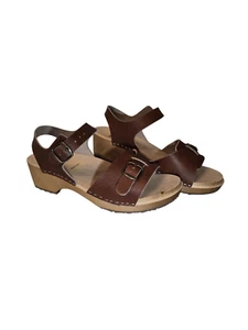 Open toe Swedish women wooden clogs with buckle from vintage brown real leather - Picture 1 of 6