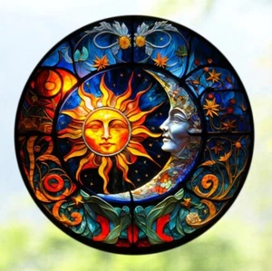 Sun & Moon Faux Stained-Glass WINDOW CLING Size 8" Round Vinyl - Picture 1 of 1