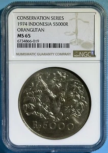 Indonesia 1974 5000 Rupiah Conservation Orang Utan Gorilla Silver BU NGC MS 65 - Picture 1 of 2