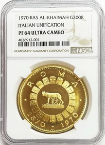 1970 GOLD UAE RAS AL KHAIMAH 200 RIYALS ITALIAN UNIFICATION NGC PROOF 64 ULTCA - Picture 1 of 2