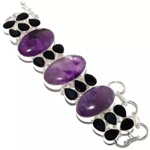 Amethyst Sage, Black Onyx Bracelet Gemstone 925 Sterling Silver Bracelet 7-8" - Picture 1 of 2