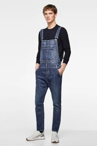 ZARA MAN Men's Size Large Slim Blue Denim Bib Overalls Dark Wash Work Casual - Picture 1 of 14