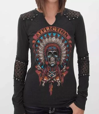 Camisa De Colección Y2K Affliction LS Indian Calavera Tachuelas Mujer Grunge Gótico Motociclista Punk Foto 1 de 4