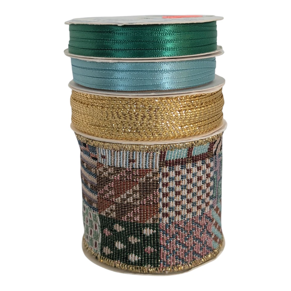 Lot of 4 Christmas Holiday Ribbon 3 Yds -Wired Pine Cone Brocade & 20 Yds -Satin - Image 1 of 4