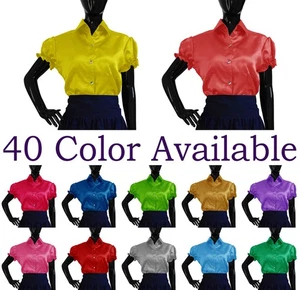 Women Satin Classic Short Sleeve Shirt Button Down Blouse Elegant Work Wear Top - Picture 1 of 35
