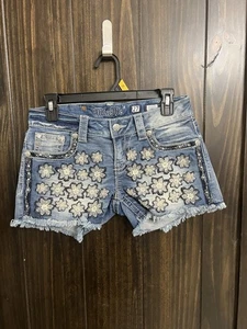 Miss Me Floral Flower Denim Raw Hem Shorts-Size 27 - Picture 1 of 9
