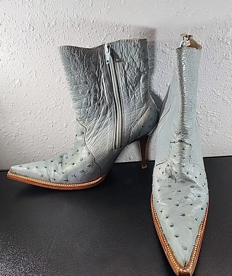 Botines de aguja punta puntiaguda de cuero de avestruz pluma completa azul para mujer talla 5,5 Foto 1 de 4