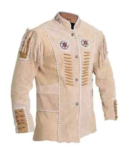 Brown Western Suede Leather Jacket Men Native American Bead Fringe Cowboy Jacket - Picture 1 of 5