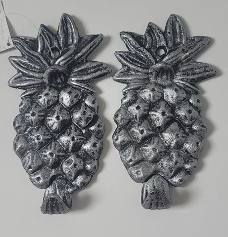 Pineapple Pewter Wall Hook - Set of 2 - Vintage Primitive Country Silver Cover