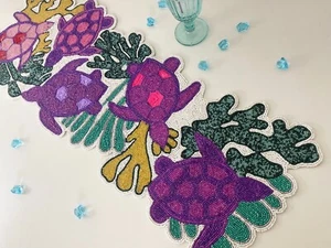 Handmade bead table runner, coastal, ocean, sea turtle and coral designs, multic - Picture 1 of 6