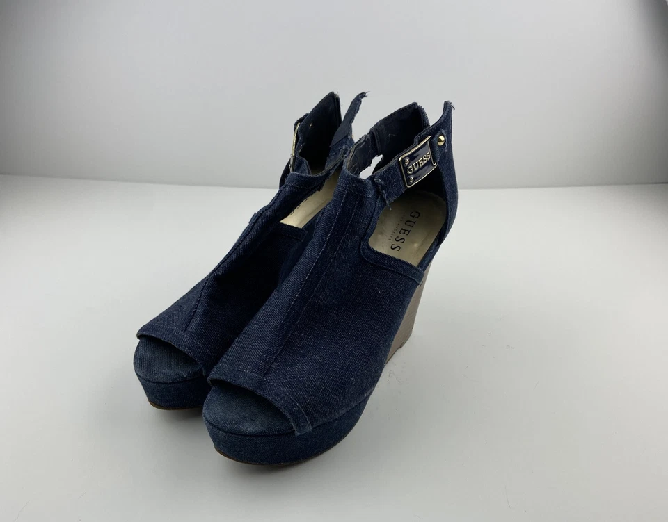 Guess Blue Denim Wedge Sandals Shoes Women 9M Peep Toe Dress Heel - Image 1 of 4