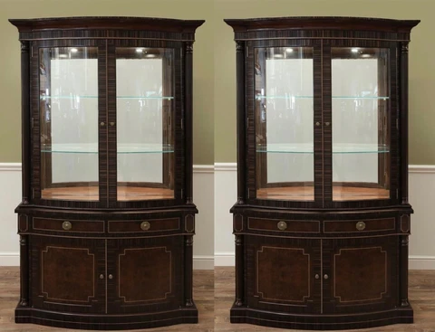 Pair of Walnut & Ebony Theodore Alexander Bow Front Display China Cabinets Cover