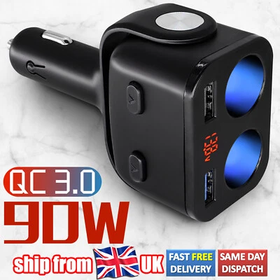 Car Cigarette Lighter Socket Splitter Power Adapter 12 LED 2Way Dual USB Charger - Image 1 of 4
