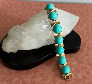 Vintage Crown Trifari Faux Turquoise & Gold Tone Bow Tie Bracelet - Picture 1 of 6