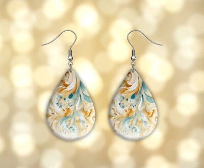 Gold White and Blue Swirl Print Wood Dangle Teardrop Print Earrings Jewelry - Image 1 of 4
