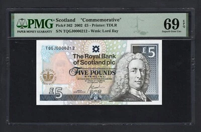 Scotland 5 Pounds 2002 P362 S/N 0006212 Uncirculated Grade 69 Top Pop - Image 1 of 2