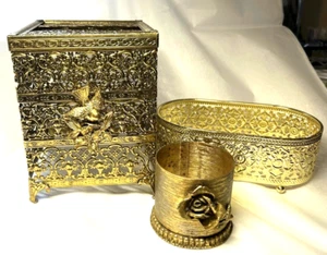 3pc Vintage - 1960's Gold Filigree - Hollywood Regency Vanity Dresser Items - Picture 1 of 21