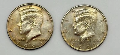 2 meio dólar Kennedy 1991-D impressionante tom dourado e 1997-P pedras preciosas brilhantes! - Imagem 1 de 4