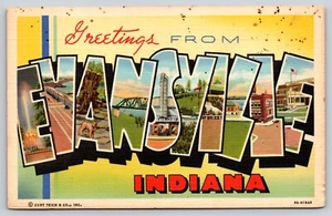 Postal Saludos desde Evansville Indiana Carta Grande Lino 9AH1845 - Imagen 1 de 2