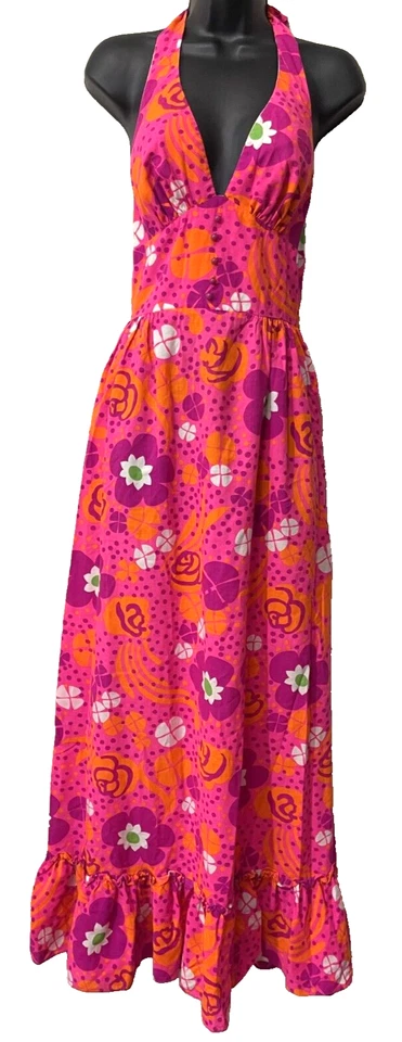 Maxi Vestido Floral Psicodélico Hawaiano Playa Halter Rosa XS Vintage Años 60 70 Foto 1 de 4