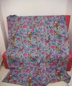 Indian Handmade Cotton Kantha Quilt Gray Bird Print King Size Bedspread Blanket - Picture 1 of 2
