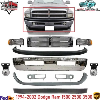New Front Bumper Chrome & Headlight Kit For 1994-2002 Dodge Ram 1500 2500 3500 Foto 1 de 4