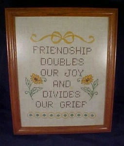 Hand Stitched Embroidered Friendship Quote in Oak Wood Frame - Picture 1 of 5