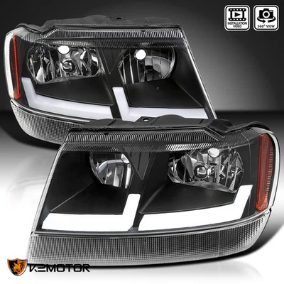 Black Fits 1999-2004 Jeep Grand Cherokee LED Tube Headlights Headlamps 99-04 - Image 1 of 4